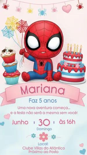 Convite Aniversário Homem-Aranha Rosa para Menina Editável