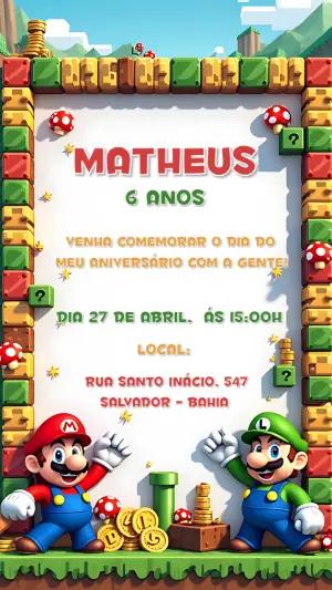 Convite de Aniversário Super Mario com Personagens para Editar