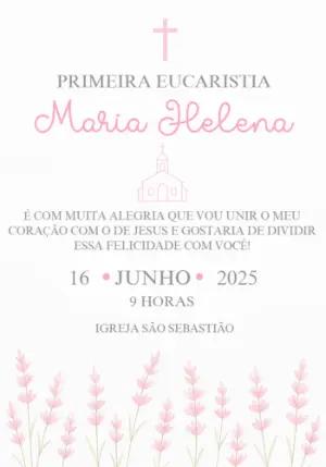 Convite Primeira Eucaristia Floral Rosa para Editar Online