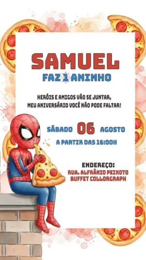 Convite Aniversário Homem Aranha com Pizza para Editar Online