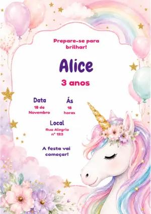 Convite de Aniversário Unicórnio com Arco-Íris Editável