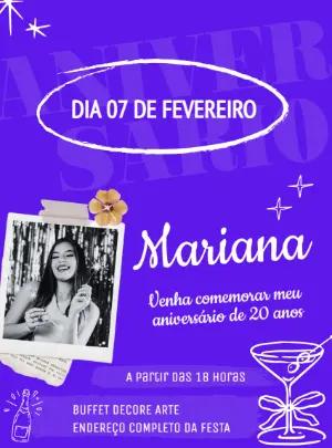 Convite de Aniversário Roxo Moderno com Foto para Editar