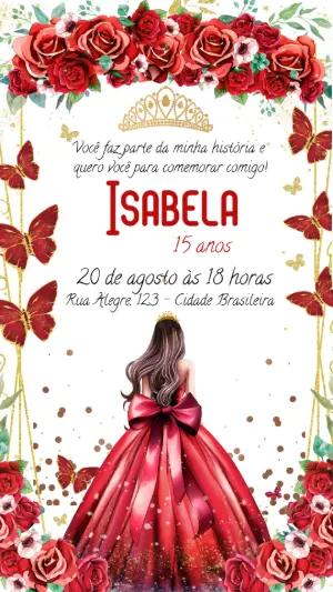Convite 15 Anos Princesa Vestido Vermelho para Editar