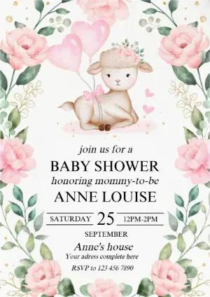 Pink Floral Sheep Baby Shower Invite | Editable Digital Template