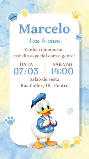 Convite de Aniversário Pato Donald Aquarela para Editar