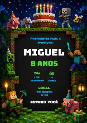 Convite de Aniversário Minecraft: Modelo Digital e Editável