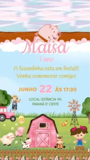 Convite Animado Aniversário Fazendinha Rosa para Editar Online