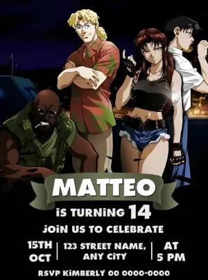 Black Lagoon Anime Birthday Invitation - Editable Template