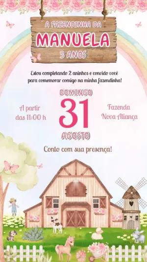 Convite Aniversário Fazendinha Rosa para Editar Online