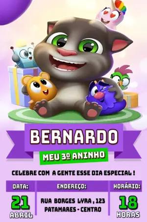 Convite Digital Aniversário Talking Tom Roxo e Verde Editável