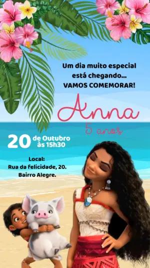 Convite Animado Aniversário Moana para Editar e Enviar Online