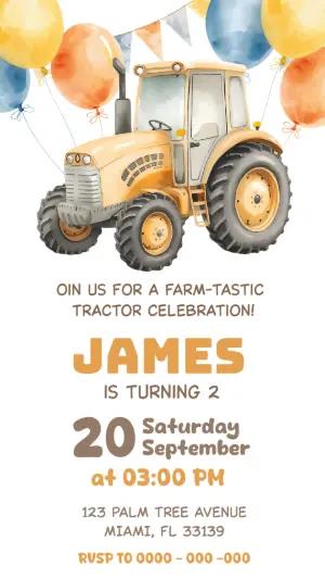 Watercolor Tractor Birthday Invitation Editable Template