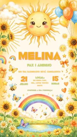 Convite de Aniversário Infantil Sol e Girassol para Editar