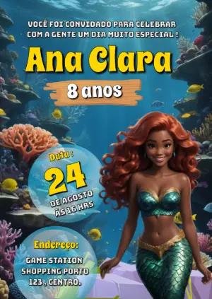 Convite de Aniversário Pequena Sereia para Editar Online