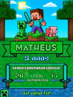 Convite de Aniversário Minecraft Pixelado para Editar