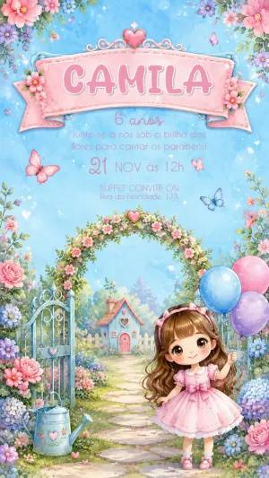 Convite de Aniversário Jardim das Fadas Editável para Menina