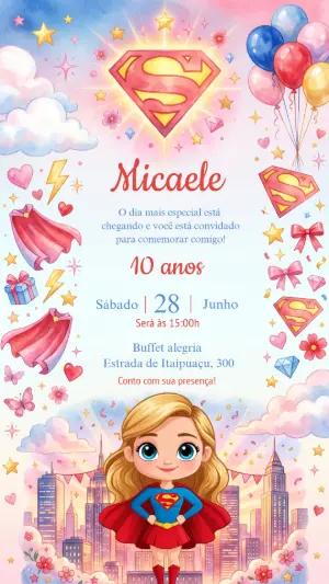 Convite de Aniversário Supergirl Aquarela para Editar