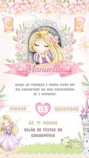 Convite de Aniversário Rapunzel Aquarela para Editar