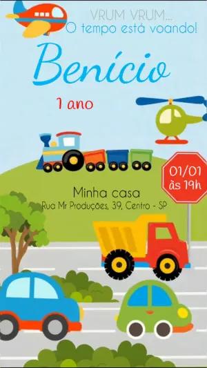Convite Animado Aniversário Meios de Transporte para Editar