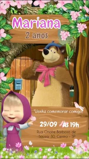 Convite Animado Masha e o Urso Aniversário para Editar
