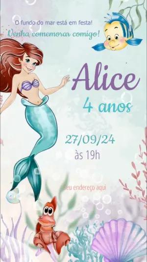 Convite Animado Pequena Sereia Aquarela para Editar