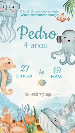 Convite Animado Aniversário Fundo do Mar Aquarela para Editar