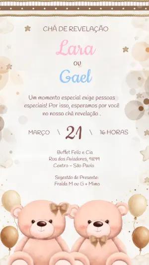 Convite Chá de Revelação Ursinhos e Balões para Editar