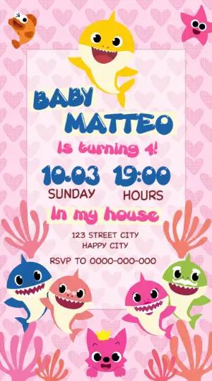 Cute Baby Shark Birthday Invitation Editable Template