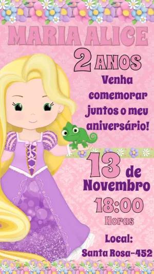 Convite de Aniversário Rapunzel Infantil para Editar