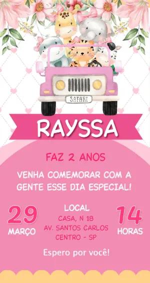 Convite de Aniversário Safari Rosa com Animais Fofos Editável