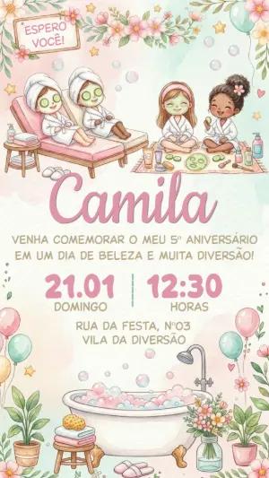 Convite Aniversário Spa Day Meninas Aquarela para Editar