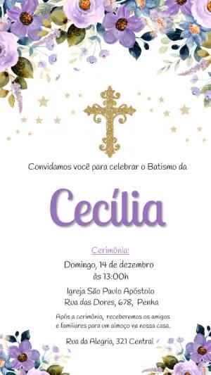 Convite de Batismo Floral Lilás para Editar Online