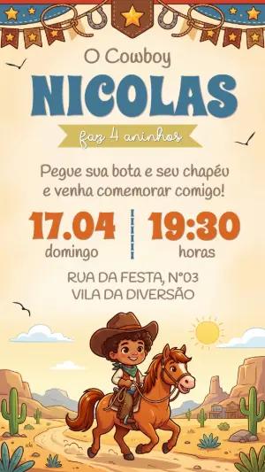 Convite de Aniversário Cowboy Infantil para Editar Online