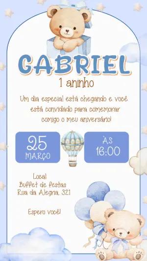 Convite de Aniversário Ursinho Baloeiro Azul Editável