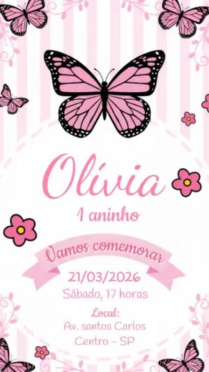 Convite de Aniversário Borboletas Rosa Delicado para Editar