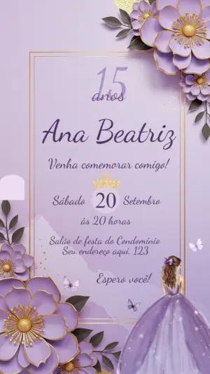 Convite 15 Anos Lilás Floral com Dourado para Editar Online