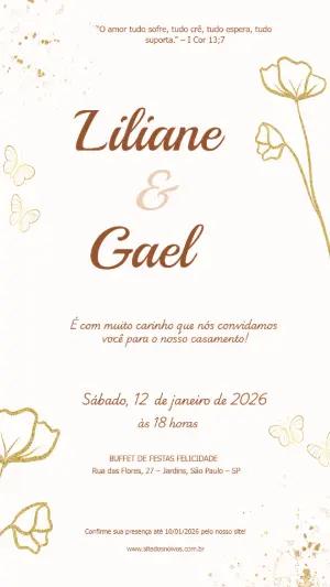 Convite de Casamento Elegante com Flores Douradas Editável