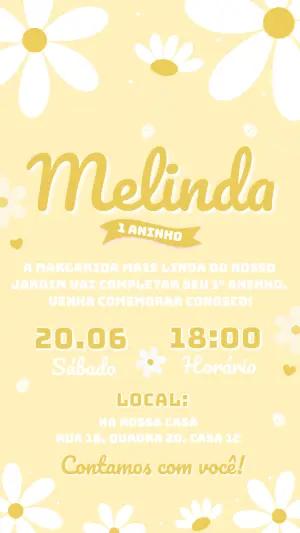 Convite Aniversário 1 Ano Margarida Amarelo Delicado Editável