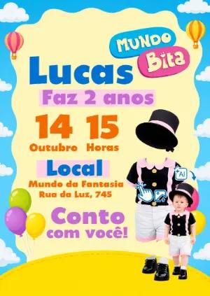 Convite Mundo Bita com Foto: Vire o Personagem! Modelo Editável