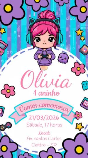 Convite de Aniversário Gamer Menina Roxo e Rosa para Editar