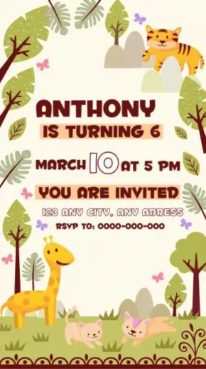 Cute Jungle Animals Birthday Invitation Editable Template