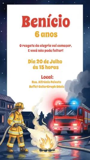 Convite de Aniversário Infantil Tema Bombeiro Editável