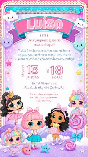 Convite de Aniversário LOL Surpresa Rosa e Glitter Editável