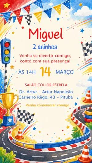 Convite de Aniversário Corrida de Carros Aquarela Editável