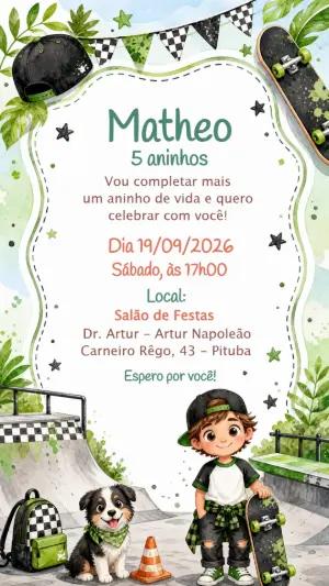 Convite de Aniversário Skate Editável para Menino