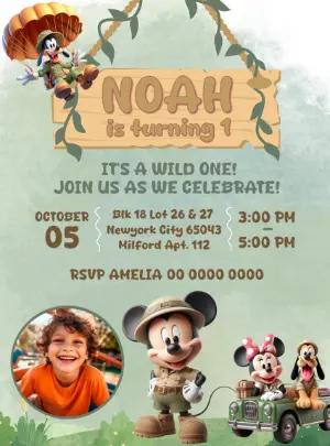 Editable Mickey Safari Birthday Invitation for a Wild One Party with photo