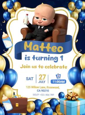 Editable Boss Baby 1st Birthday Invitation in Blue and Gold