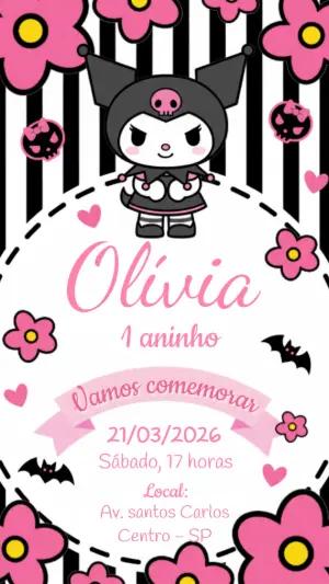 Convite de Aniversário Kuromi Rosa e Preto para Editar Online