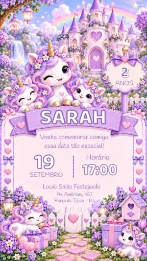 Convite de Aniversário Unicórnio Lilás Modelo Editável