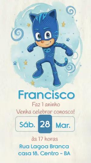 Convite Digital Aniversário PJ Masks Menino Gato Editável